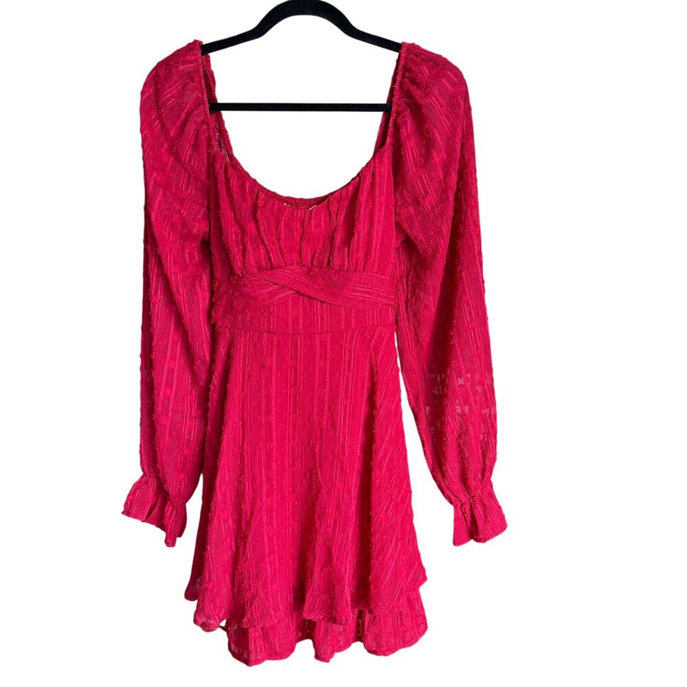 Red Swiss Dot Fit & Flare Belted Babydoll Longsleeve Dress Sz L Y2K Romantic